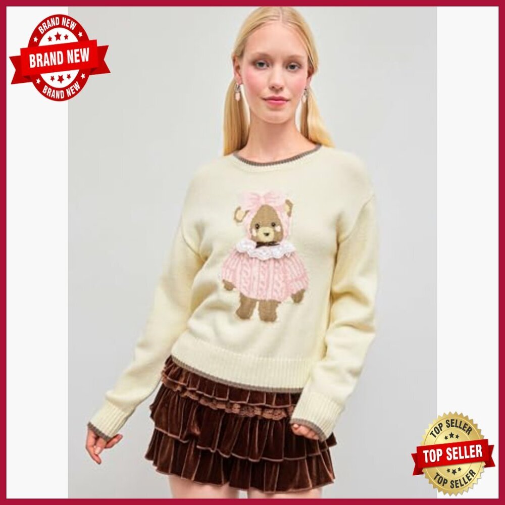 Soft Knit Cropped Pullover Sweater Bear Graphic Long Sleeve Casual Fall - Picture 2 of 7
